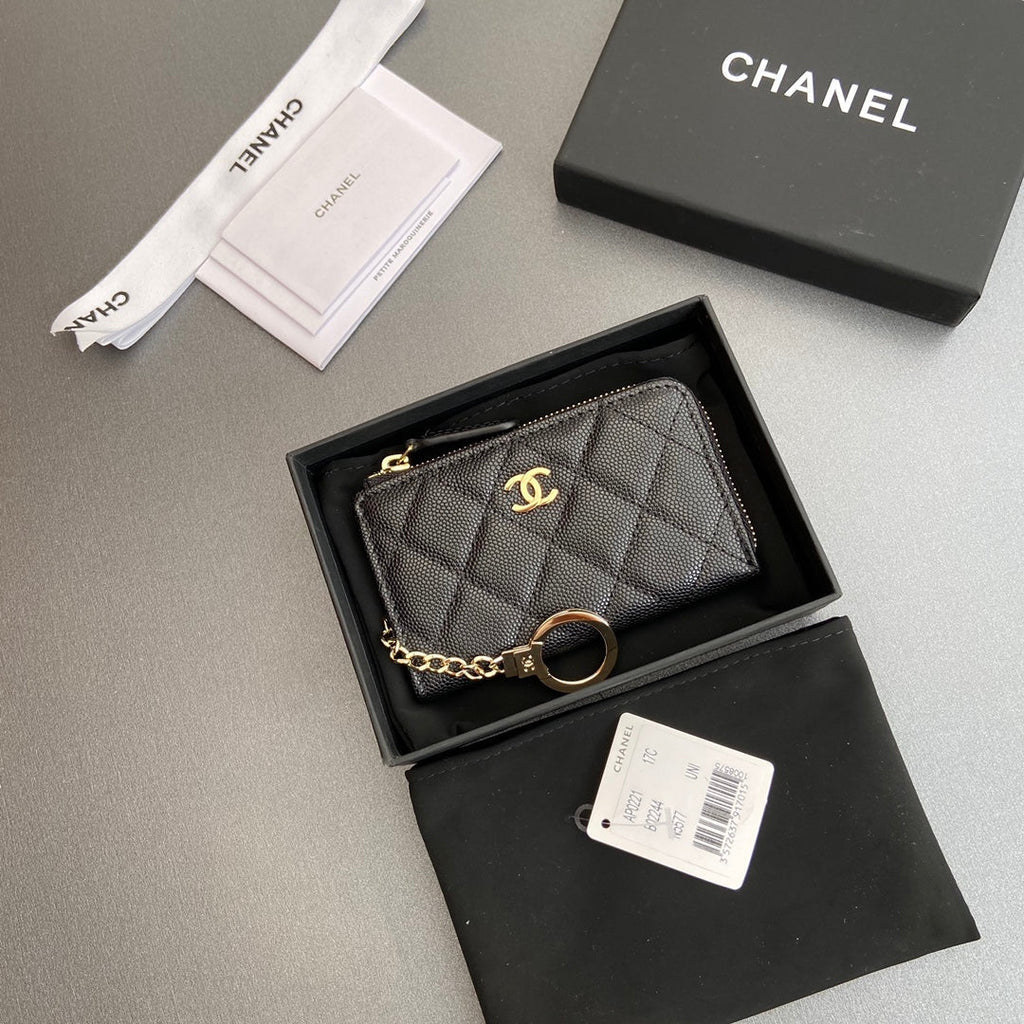 CC Hook & Chain Zipper Card Holder Black Caviar GHW 234733