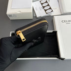 TRIOMPHE Long Zipper Closure Bag Black Shiny Cowhide