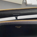 TRIOMPHE Long Zipper Closure Bag Black Shiny Cowhide