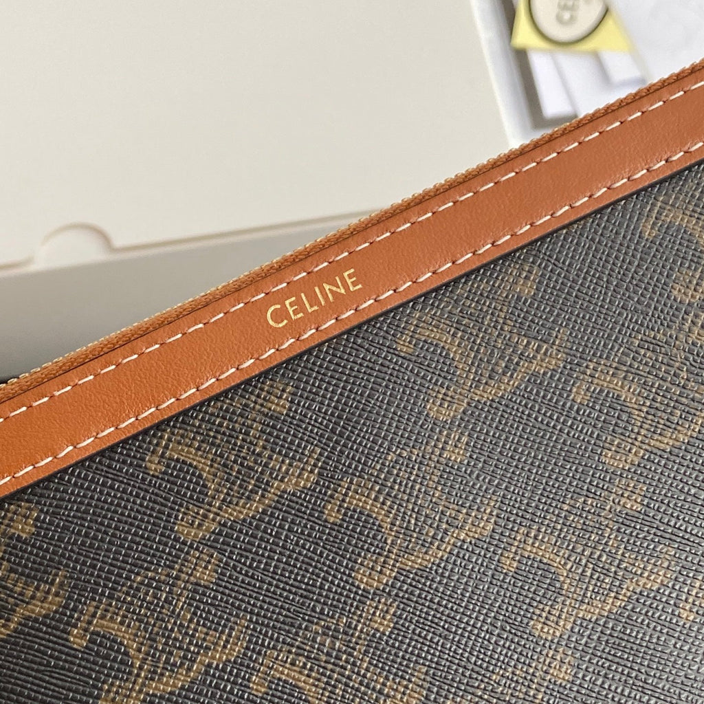 TRIOMPHE Long Pouch With Strap Tan Canvas & Calfskin