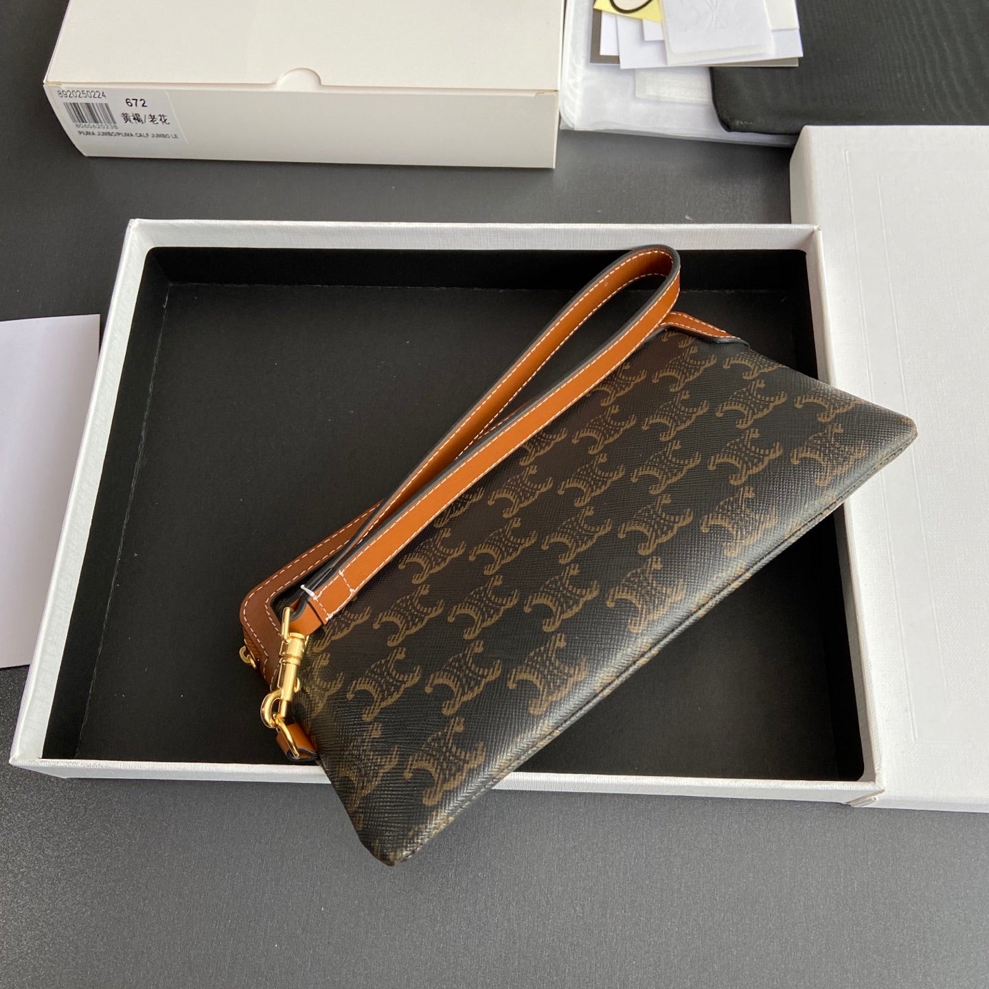 TRIOMPHE Long Pouch With Strap Tan Canvas & Calfskin