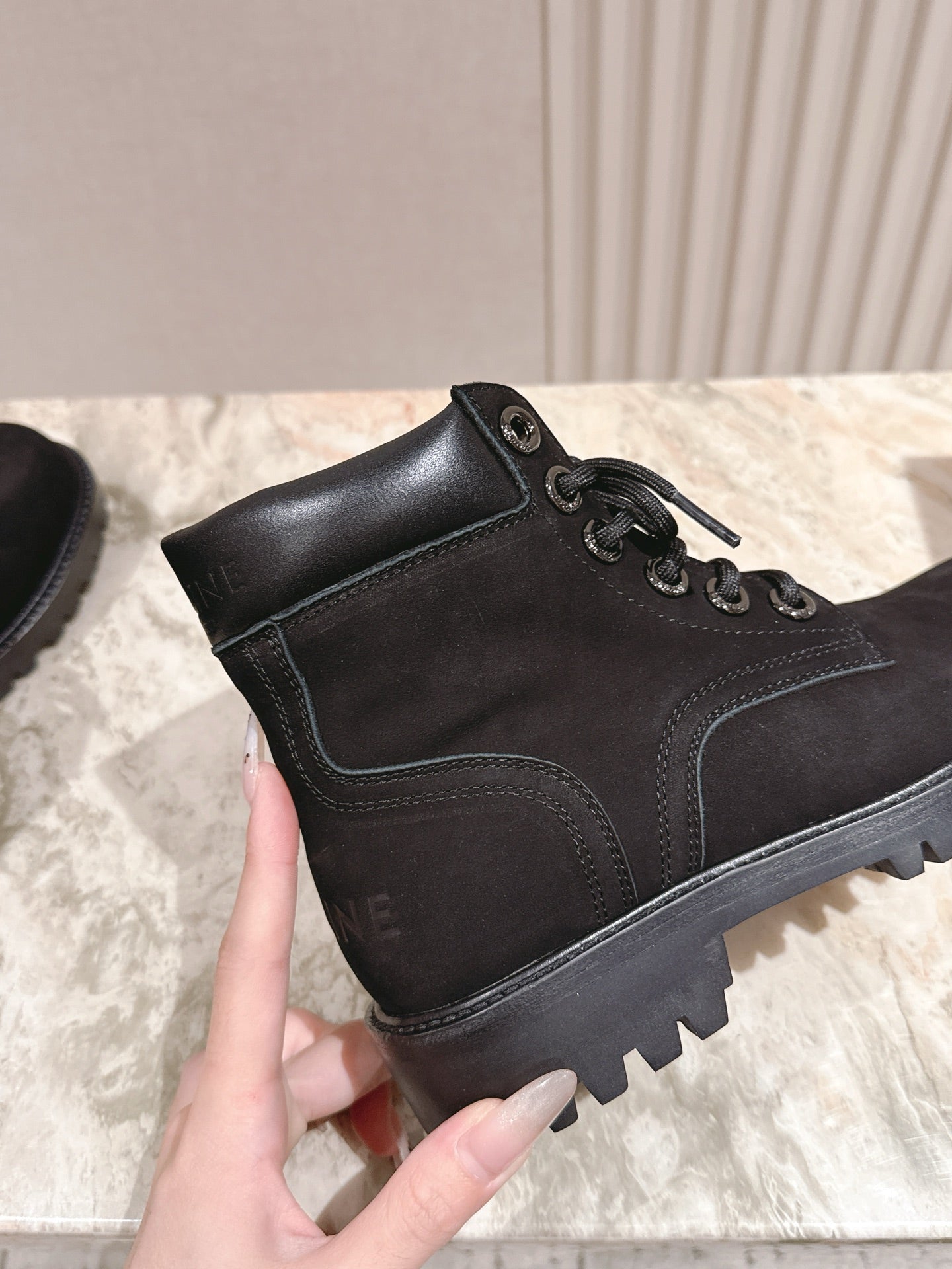 CELINE Kurt Lace-Up Martin Short Boots Black Nubuck Calfskin 452783
