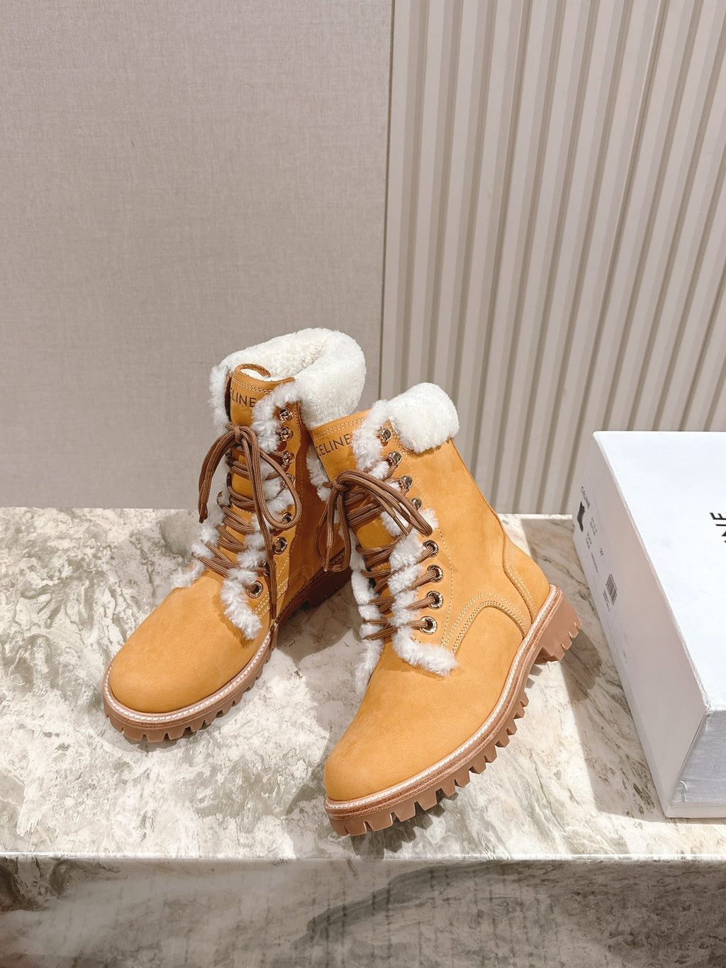 CELINE Kurt Lace-Up Mid Boot Light Brown Nubuck Calfskin And Shearling 452786