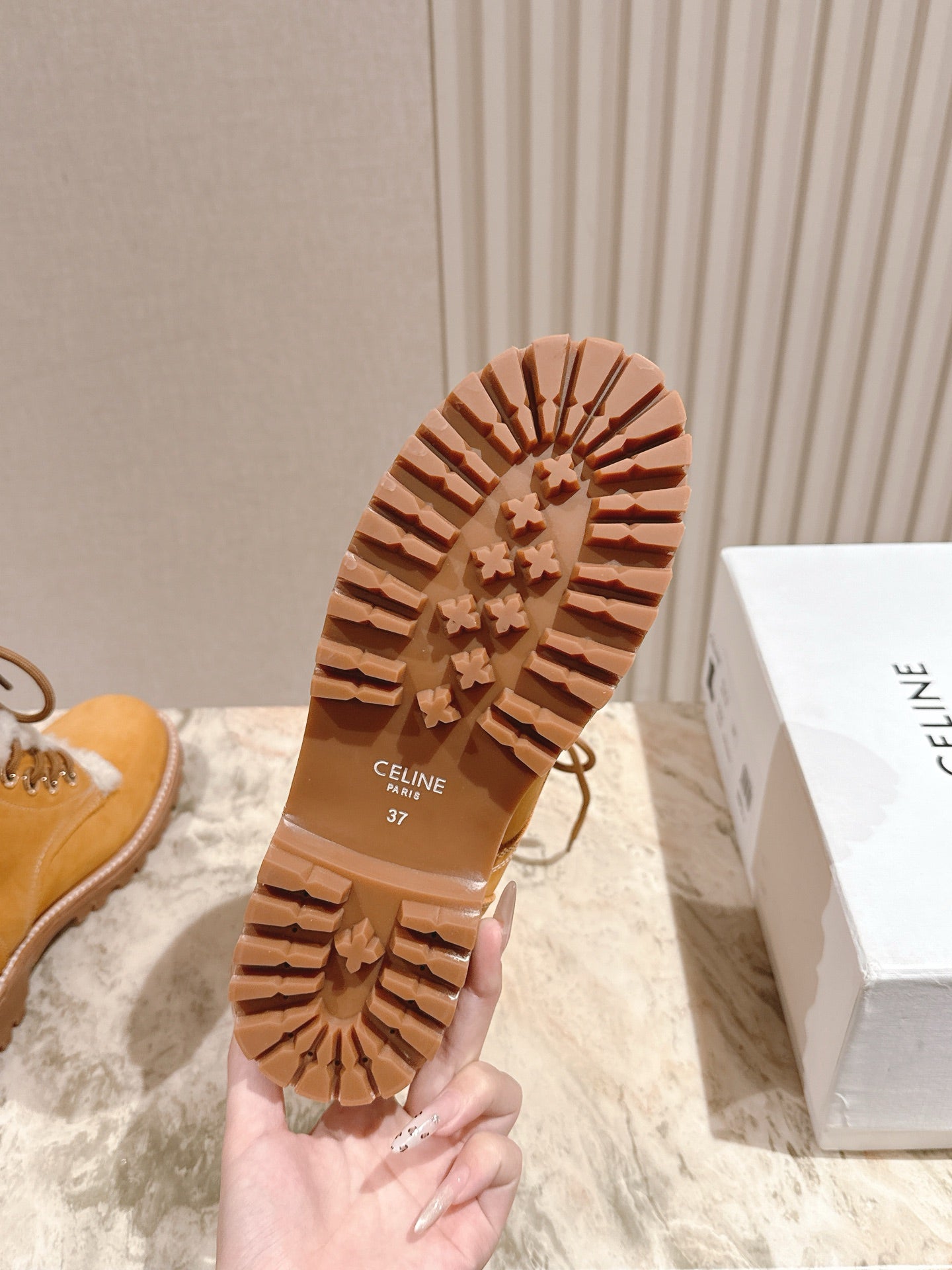 CELINE Kurt Lace-Up Mid Boot Light Brown Nubuck Calfskin And Shearling 452786
