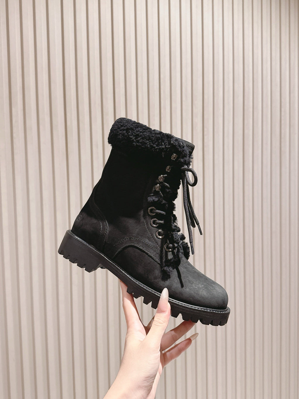 CELINE Kurt Lace-Up Mid Boot Black Nubuck Calfskin And Shearling 452787