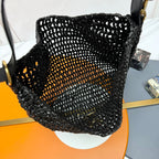 YSL OXALIS 37CM BLACK RAFFIA TAN CALFSKIN