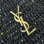 YSL OXALIS 37CM BLACK RAFFIA TAN CALFSKIN