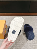 LV Flat Mule Charcoal Blue With Fur Monogram Suede