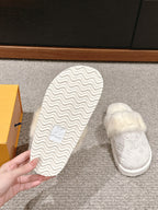 LV Flat Mule White With Fur Monogram Suede