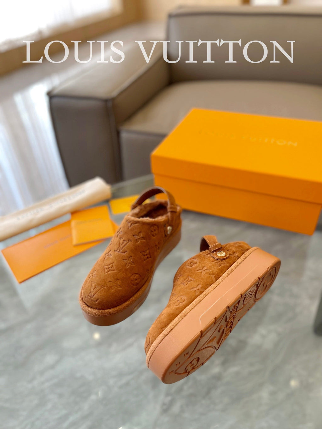 LV Aspen Platform Clog Orange Brown Monogram Suede