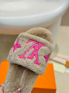 LV Fur Slippers Light Brown With Pink Text Pure Wool