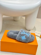 LV Fur Slippers Gray With Blue Text Pure Wool