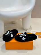 LV Fur Slippers Black With White Text Pure Wool