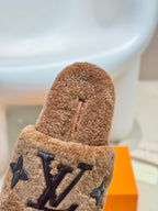 LV Fur Slippers Cocoa Brown With Black Text Pure Wool
