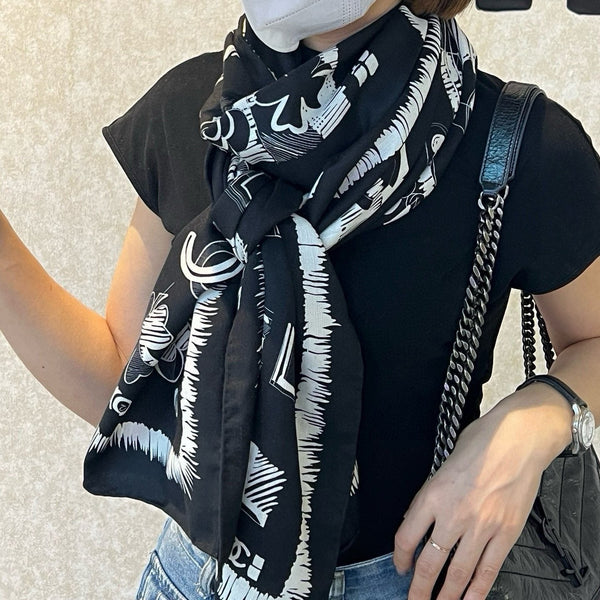 CC Scarf 185 CM In Black White Cashmere Silk  182459