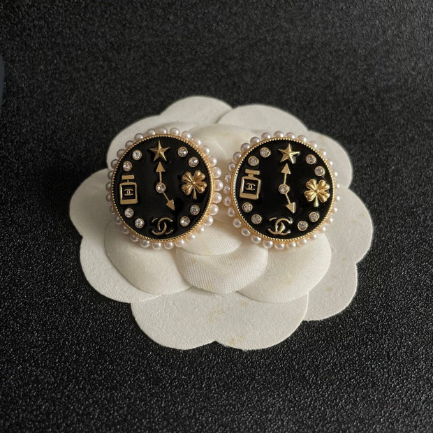 CC    Double C Clock Black Gold Earrings