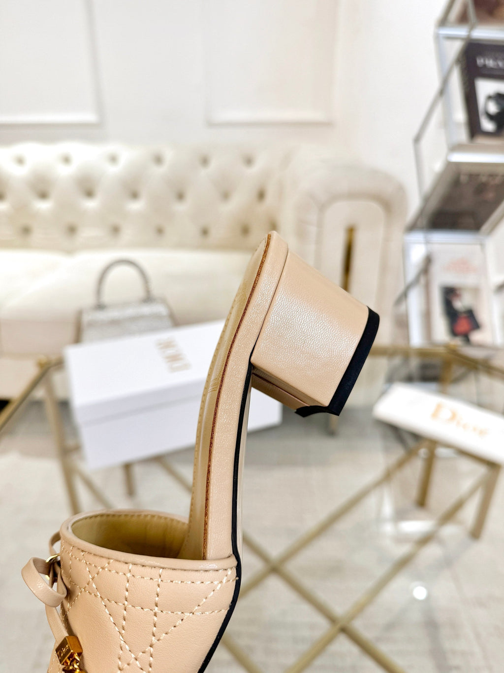 CD Cannage Heeled Slide 3.5cm Beige Quilted Lambskin 668029