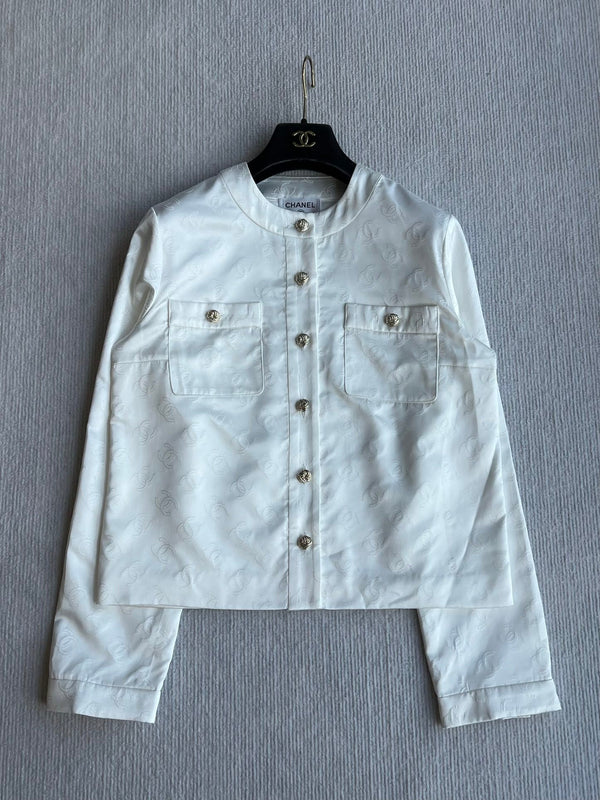 CC 25 Round Neck Jacket White Cotton Silk