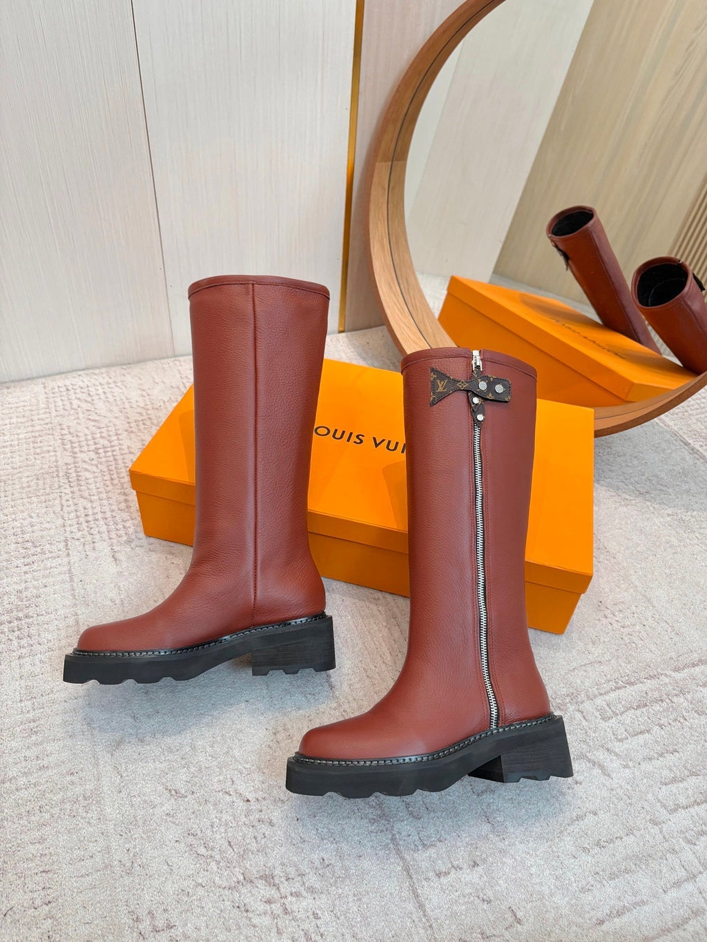 LV Beaubourg High Boot Brown Lychee-Patterned Cowhide