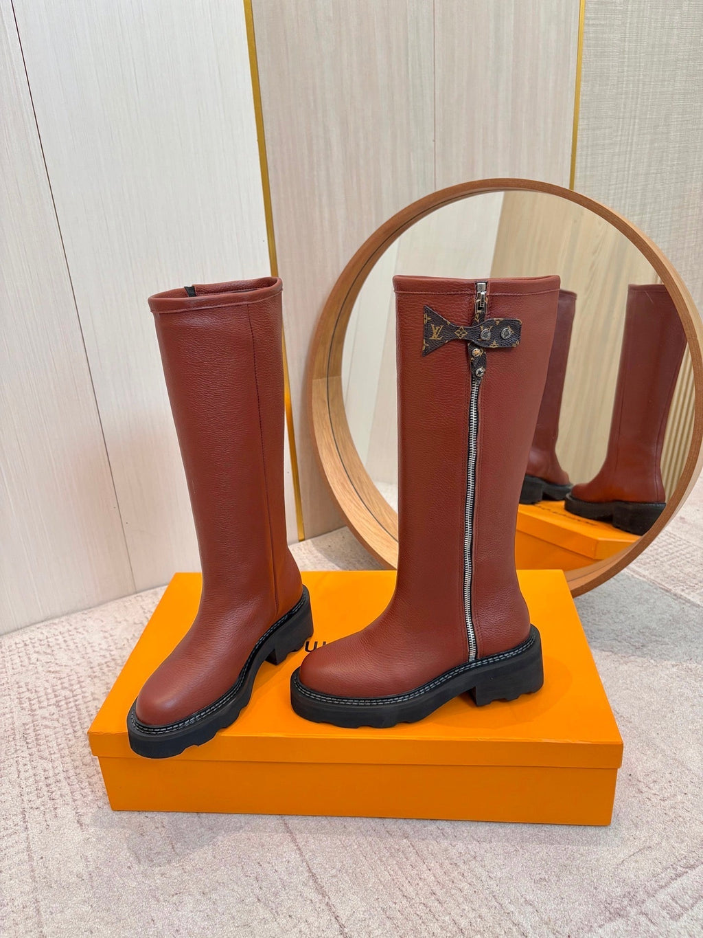 LV Beaubourg High Boot Brown Lychee-Patterned Cowhide