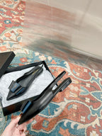 CASSANDRA SLINGBACK FLAT IN BLACK MIX BLUE SMOOTH LAMBSKIN