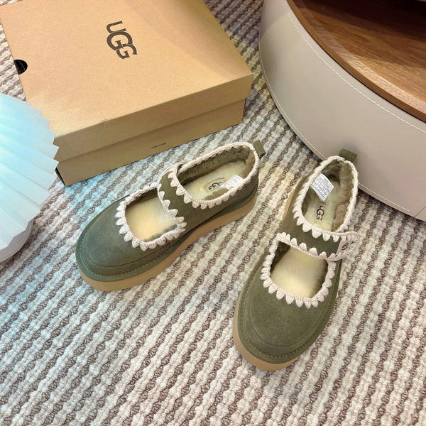 UGG Tazz Mary Jane Shoes Light Olive Green Suede Shearing