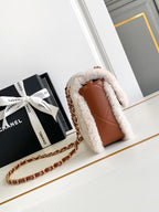 Flap Bag Small 23cm White Brown Sherling Lambskin Gold Hardware