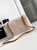 Flap Bag Small 23cm White Brown Sherling Lambskin Gold Hardware