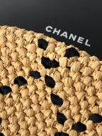 CC Logo Shopper Bag With Chain 23cm Beige Black Raffia GHW