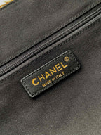 CC Logo Shopper Bag With Chain 23cm Beige Black Raffia GHW
