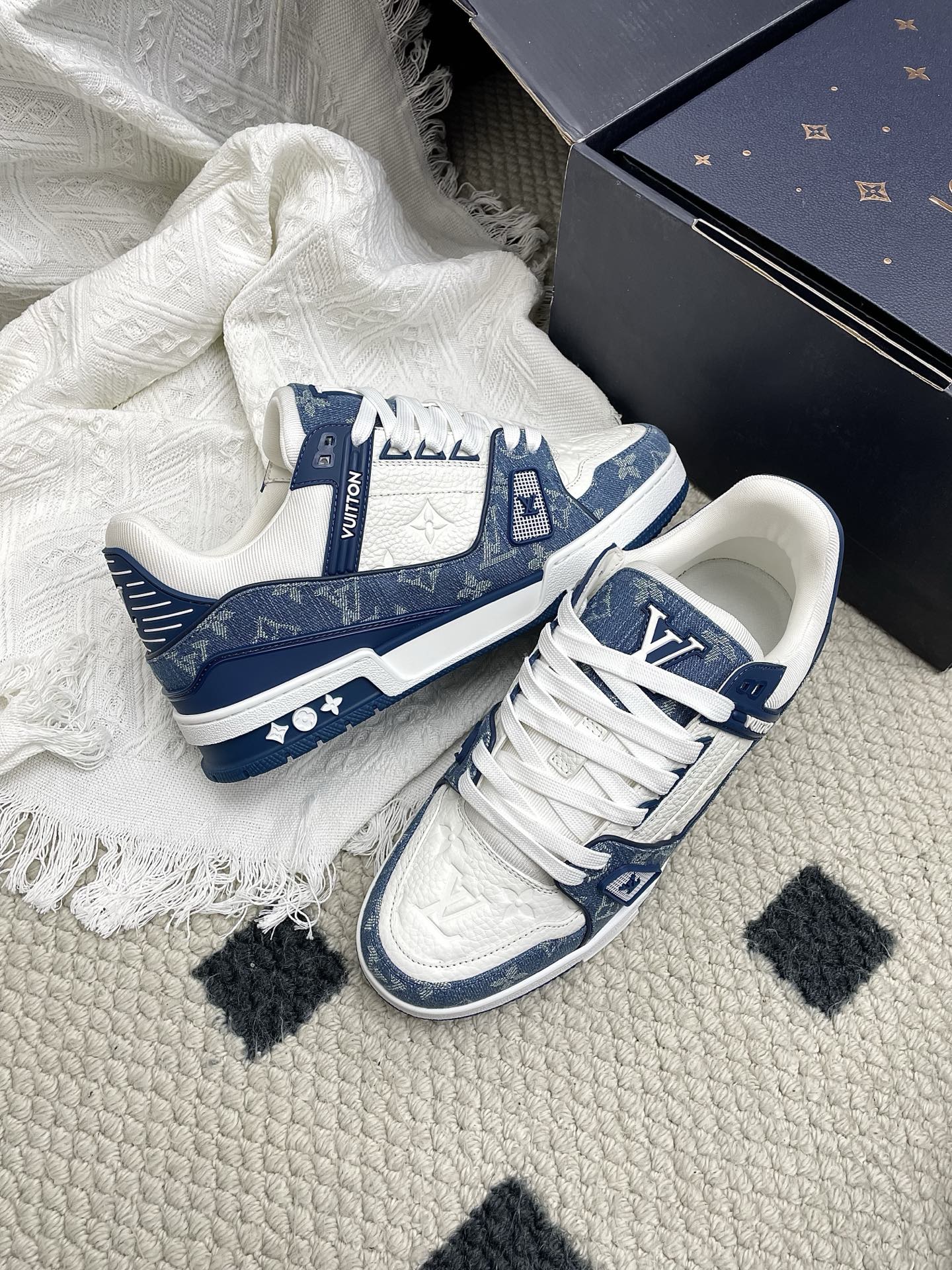 LV Trainer Sneaker Blue White Denim Cowhide 611152