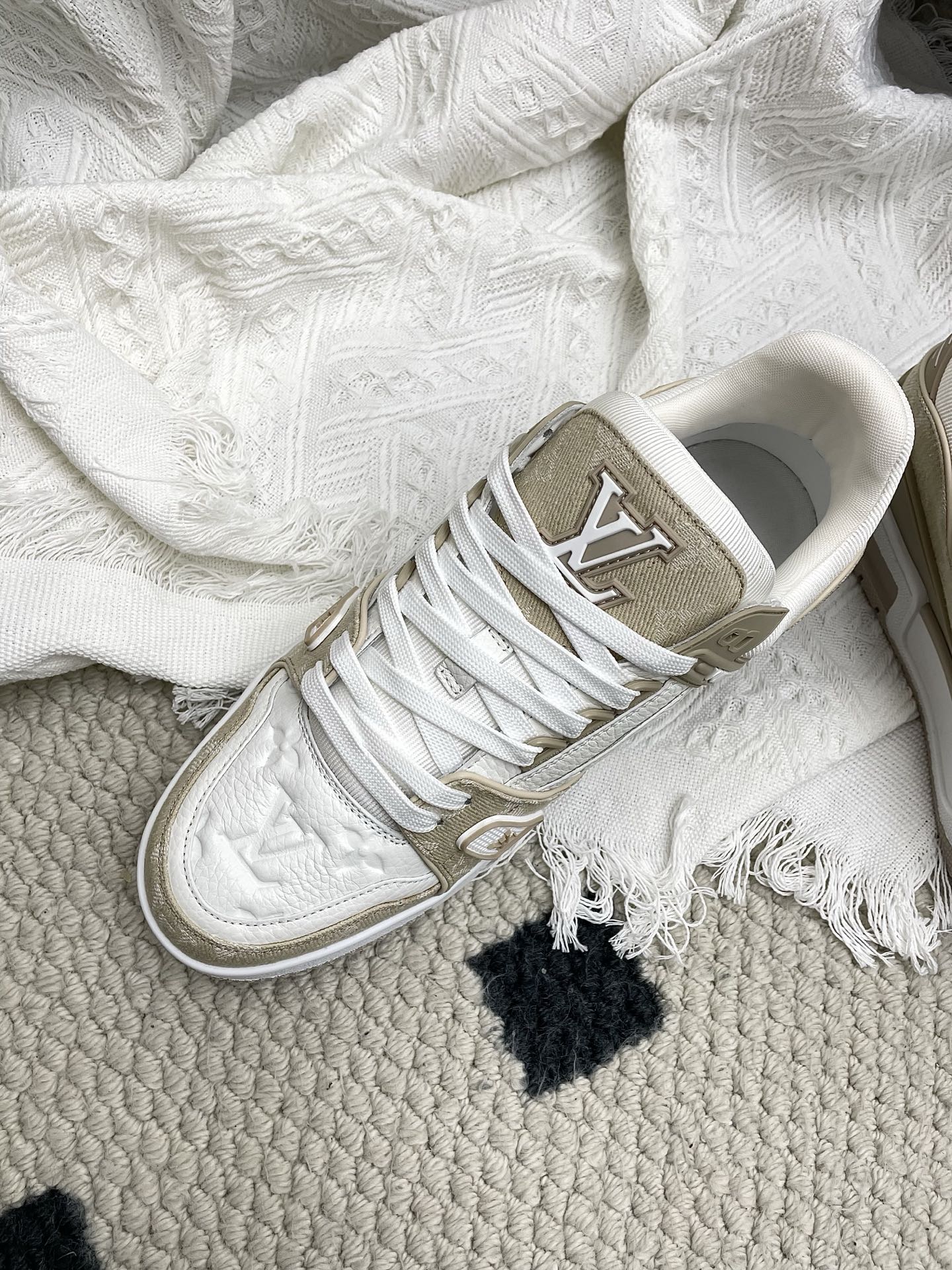 LV Trainer Sneaker White Taupe Denim Cowhide 611153