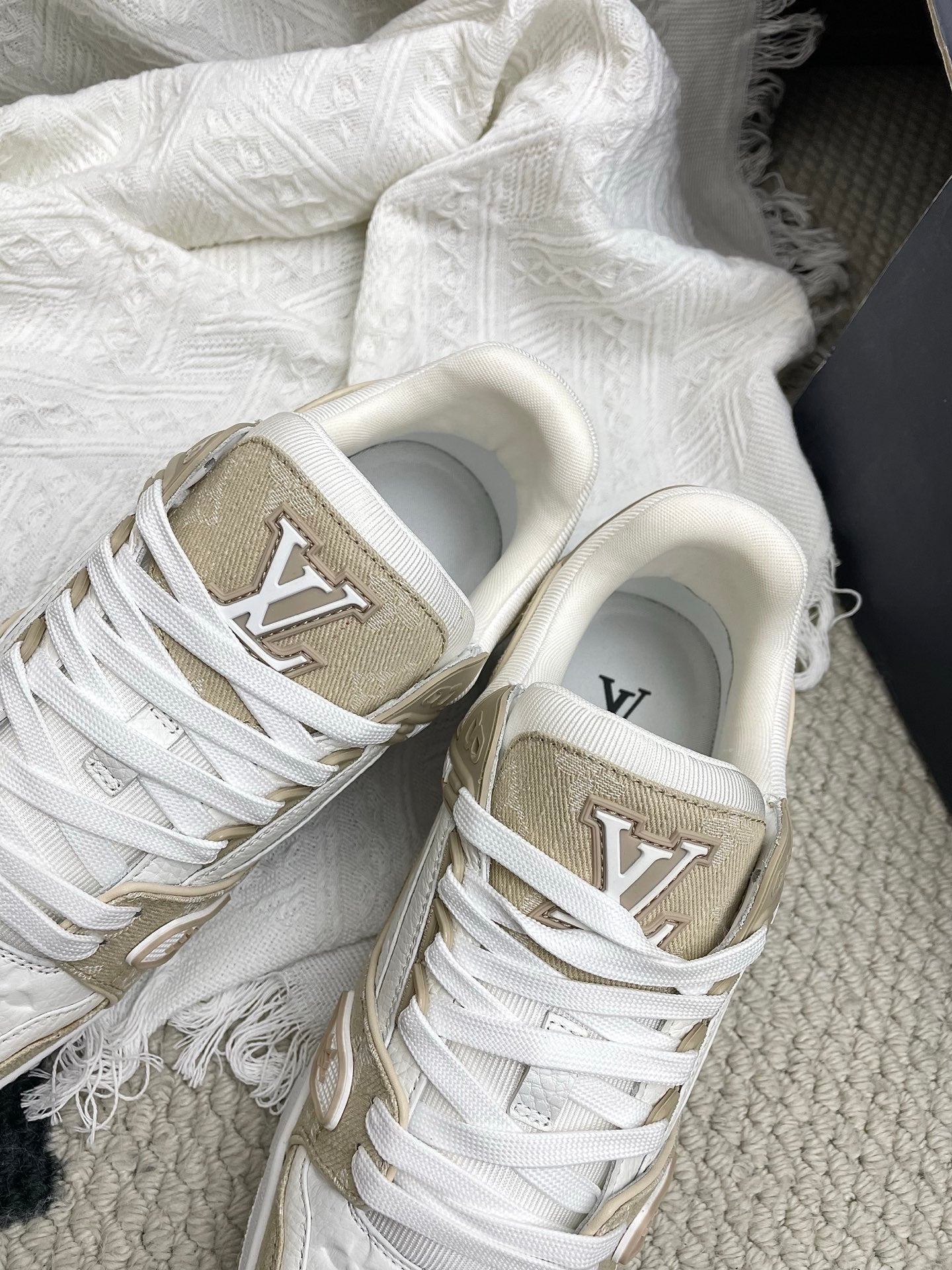 LV Trainer Sneaker White Taupe Denim Cowhide 611153