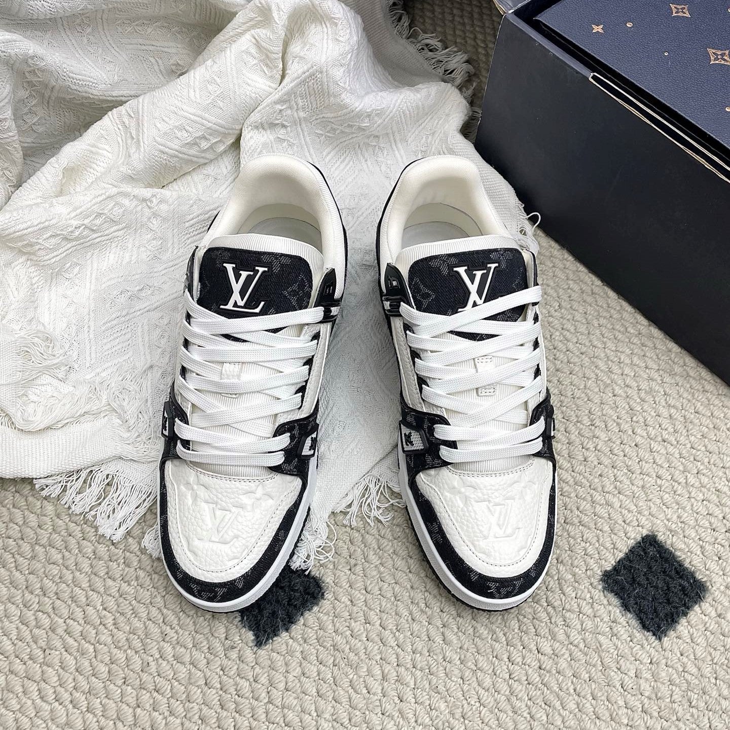 LV Trainer Sneaker White Black Denim Cowhide 611155