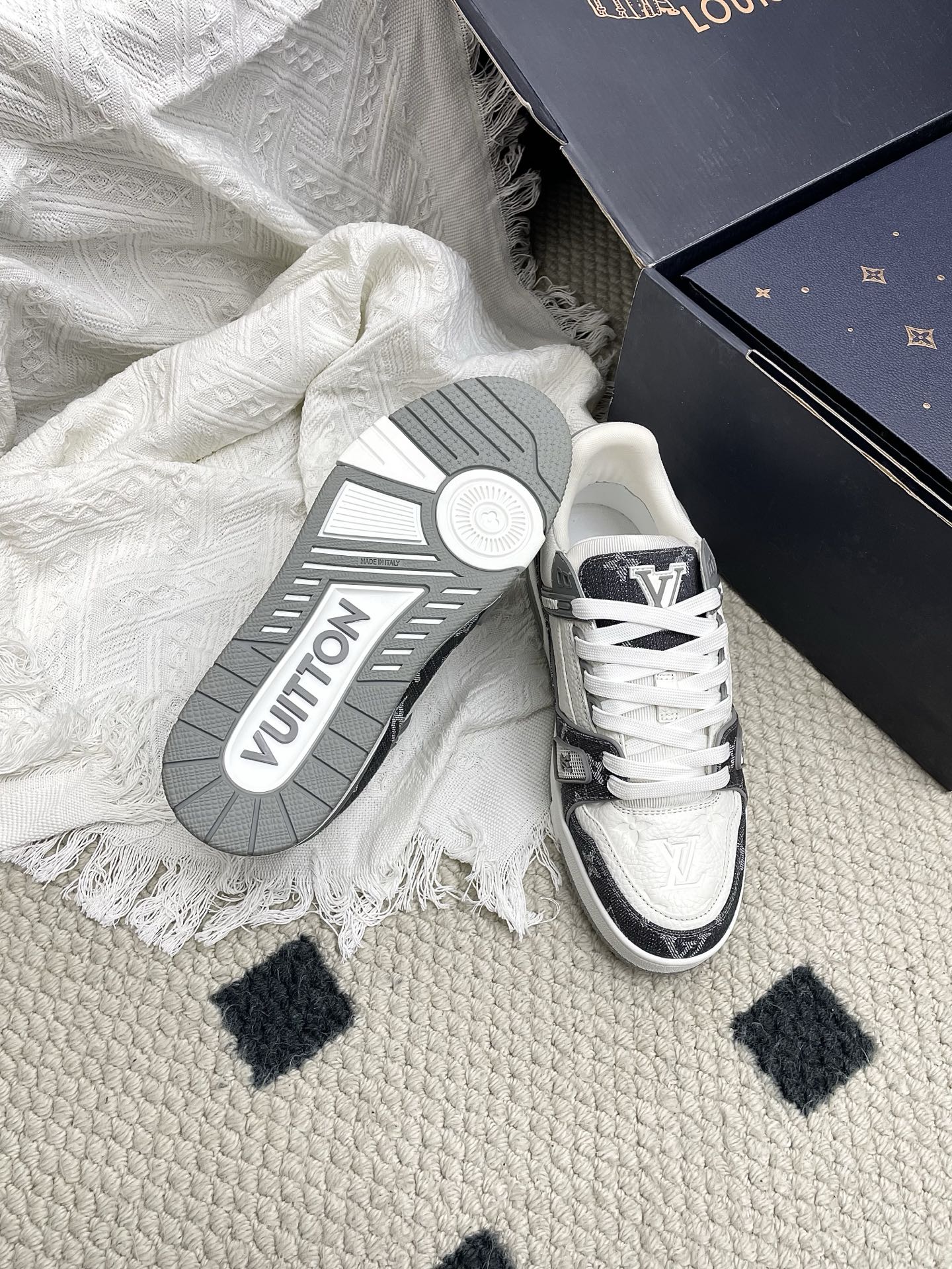 LV Trainer Sneaker White Grey Denim Cowhide 611156