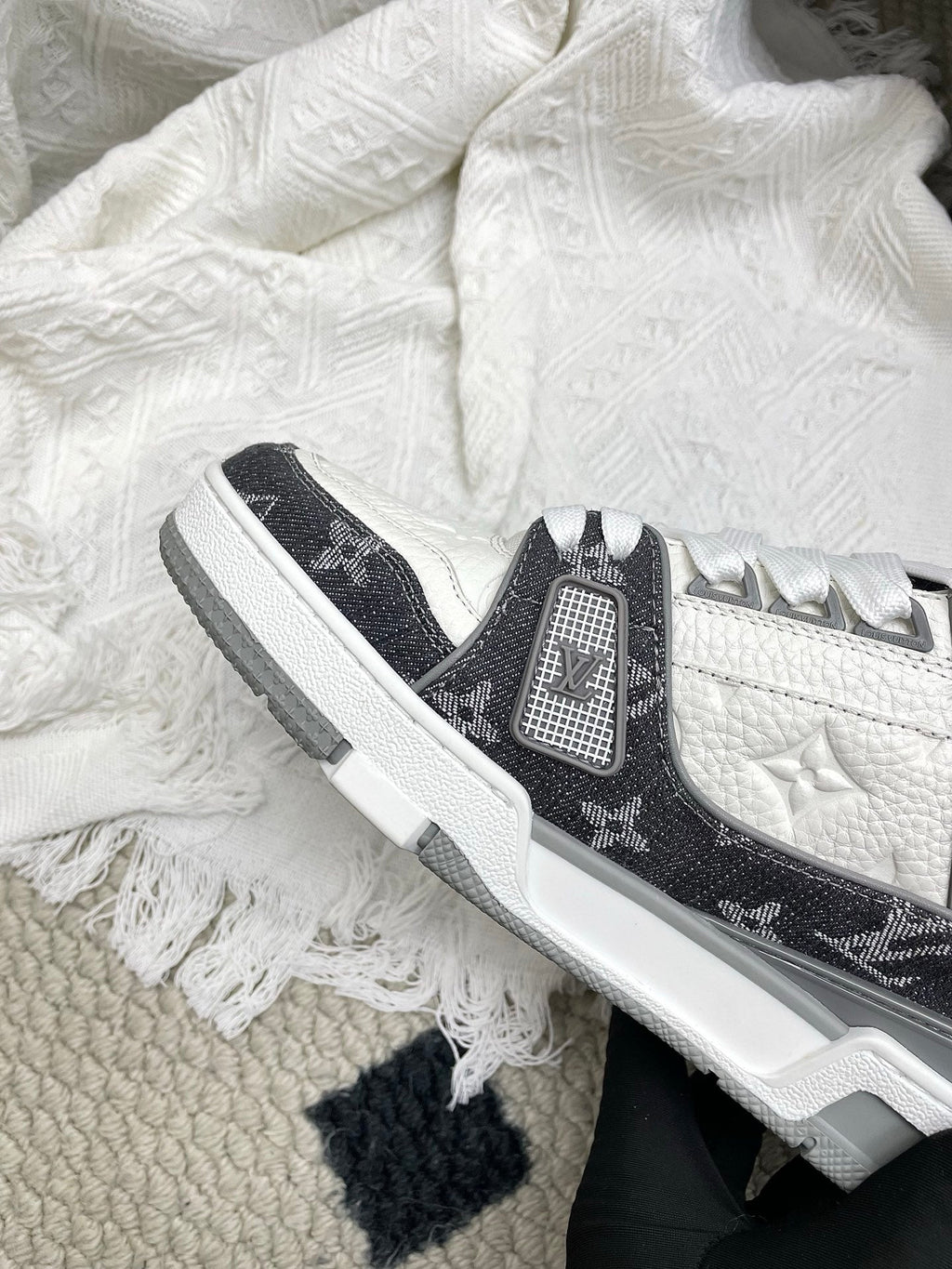 LV Trainer Sneaker White Grey Denim Cowhide 611156