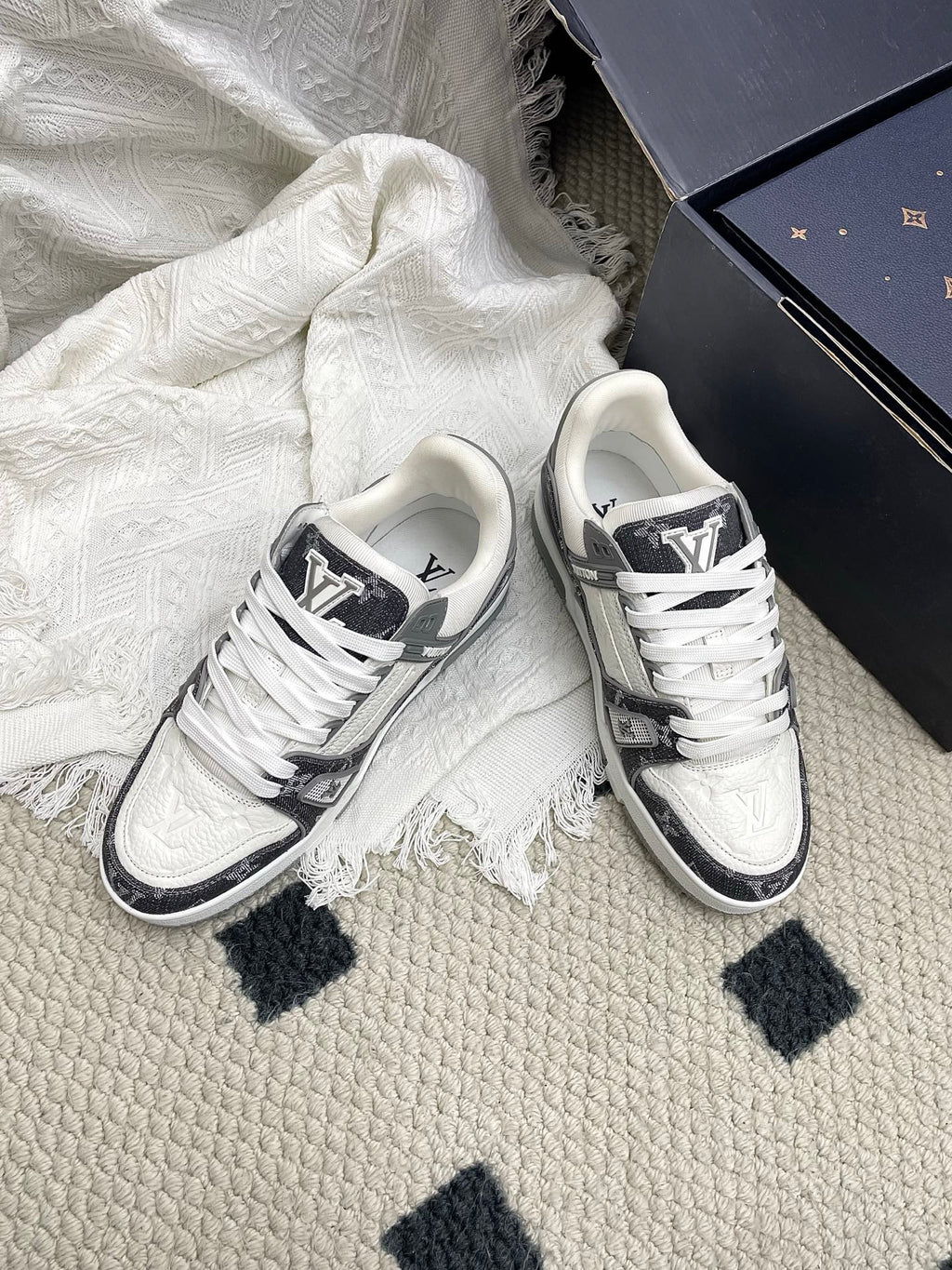 LV Trainer Sneaker White Grey Denim Cowhide 611156