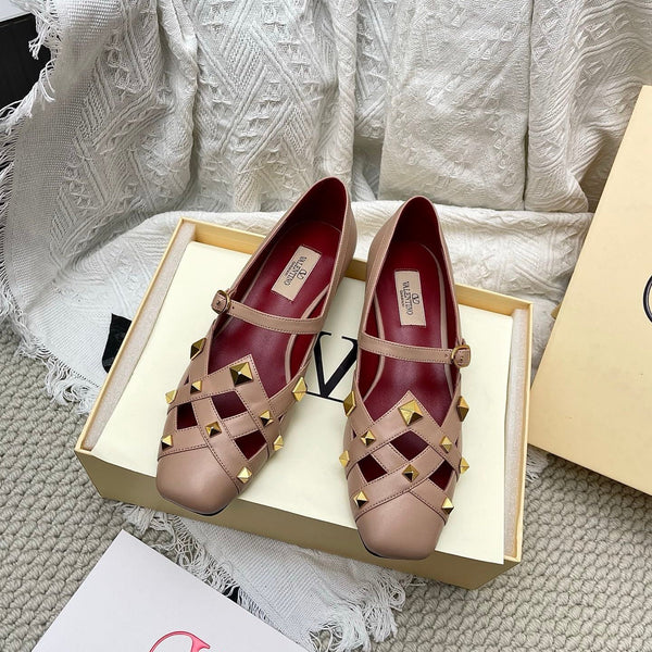 VT 26s Mary Jane Ballet Flats Beige Burgundy Lambskin 611368