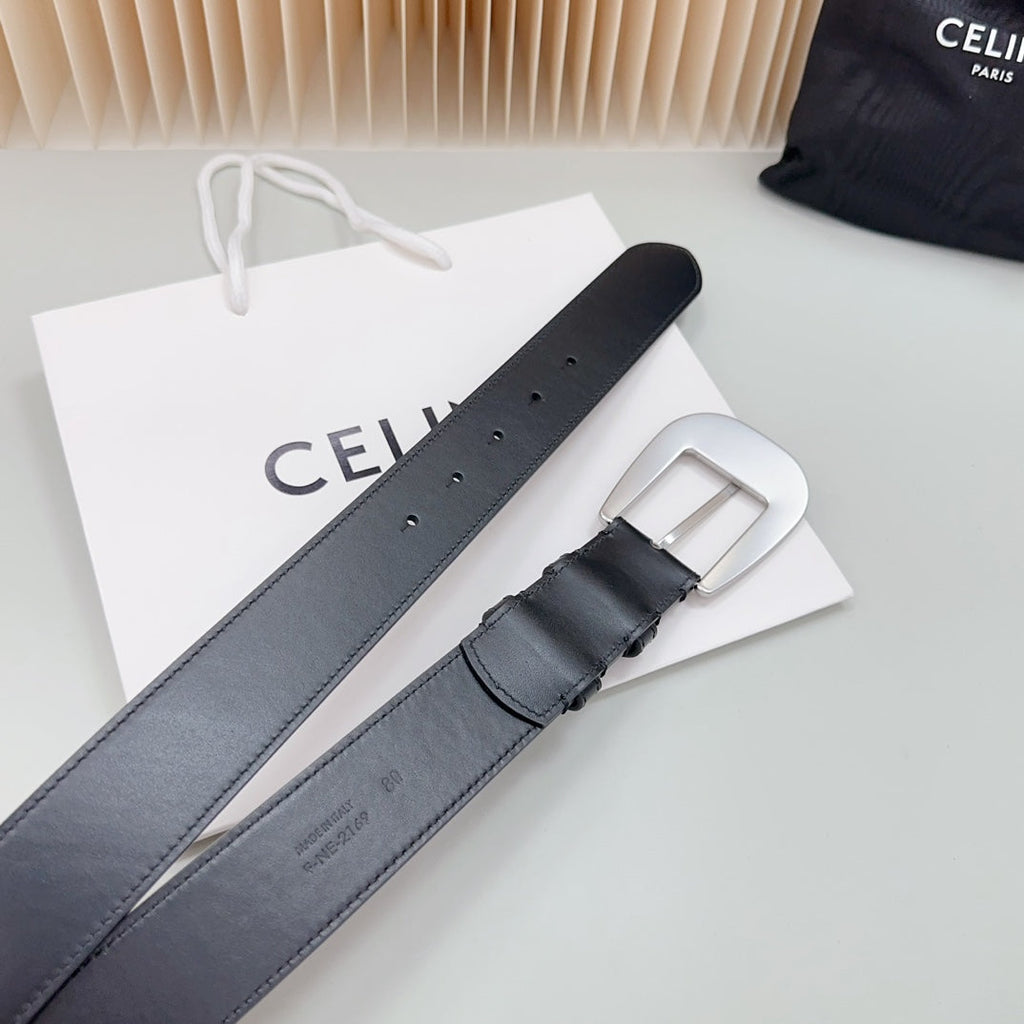 CEL Silver Western 35mm Belt Black Cowhide 175058