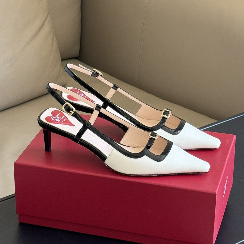 Viv Canard Slingback Pumps 55 in Patent White Black Leather