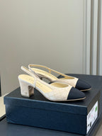 Chanel 25 Plaid Slingback Beige Black Suede Sheepskin 468363