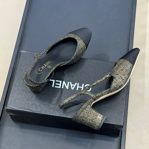 CC 26ss Slingback 7cm Black Gold Tweed Velvet 623156