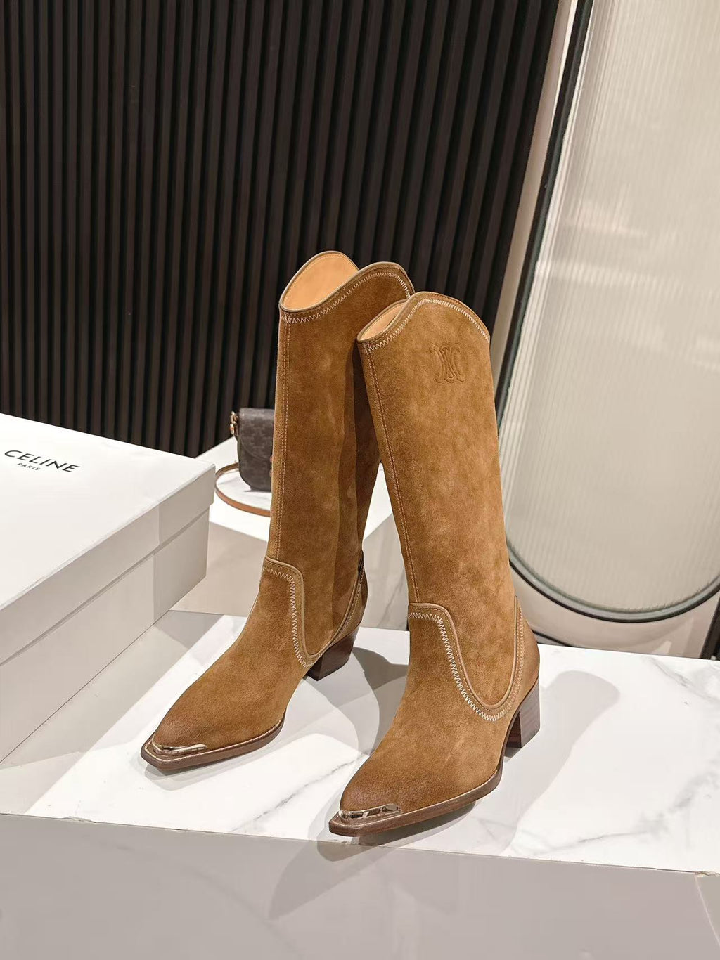 CELINE 25 Mid Calf Cowboy Boots Brown Suede 434425