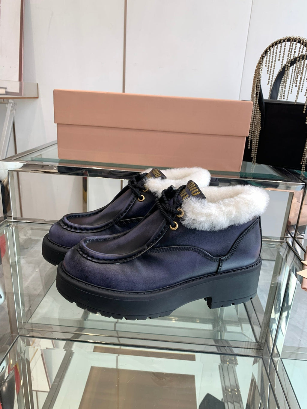 Miu Short Wool Boots Plain Dark Charcoal Open-Hemmed Cowhide
