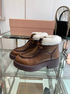 Miu Short Wool Boots Earth Brownopen-Hemmed Cowhide