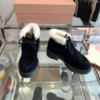 Miu Short Wool Boots Black Open-Hemmed Cowhide