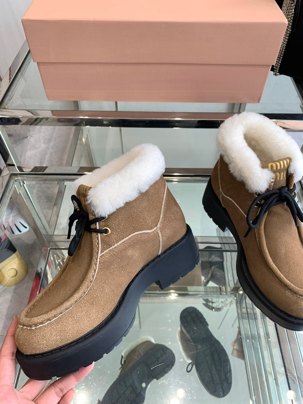 Miu Short Wool Boots   Brown Open-Hemmed Cowhide