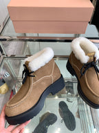 Miu Short Wool Boots   Brown Open-Hemmed Cowhide