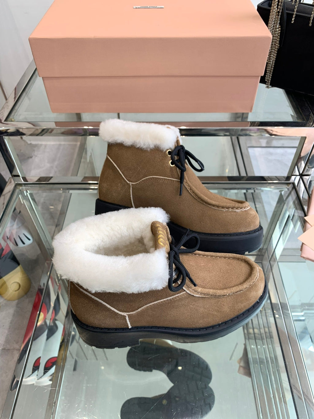 Miu Short Wool Boots   Brown Open-Hemmed Cowhide