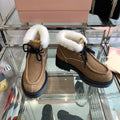 Miu Short Wool Boots   Brown Open-Hemmed Cowhide